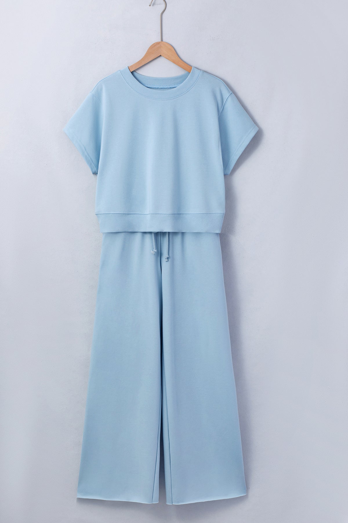 Light Pink Solid Color Loose Tee Drawstring Wide Leg Pants 2pcs Outfit