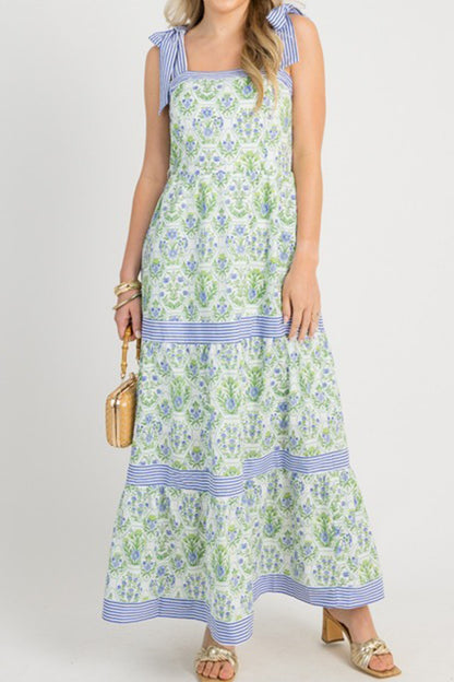 Pink Geometric Floral Print Striped Patchwork Detail Sleeveless Dress