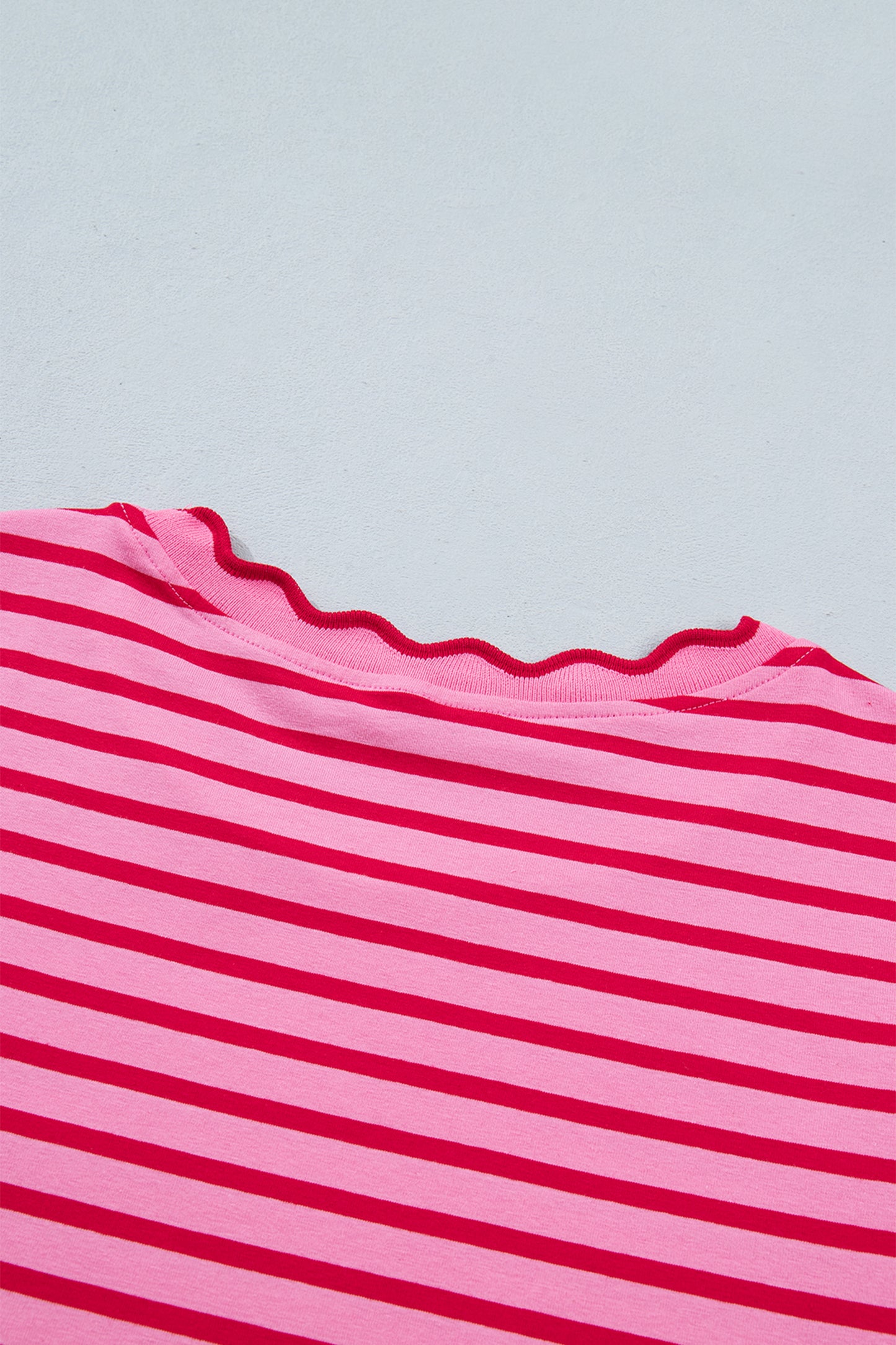Red Stripe Scalloped Trim Round Neck T Shirt