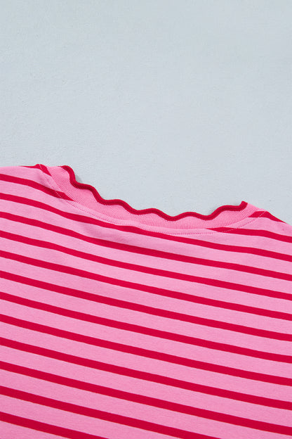 Red Stripe Scalloped Trim Round Neck T Shirt