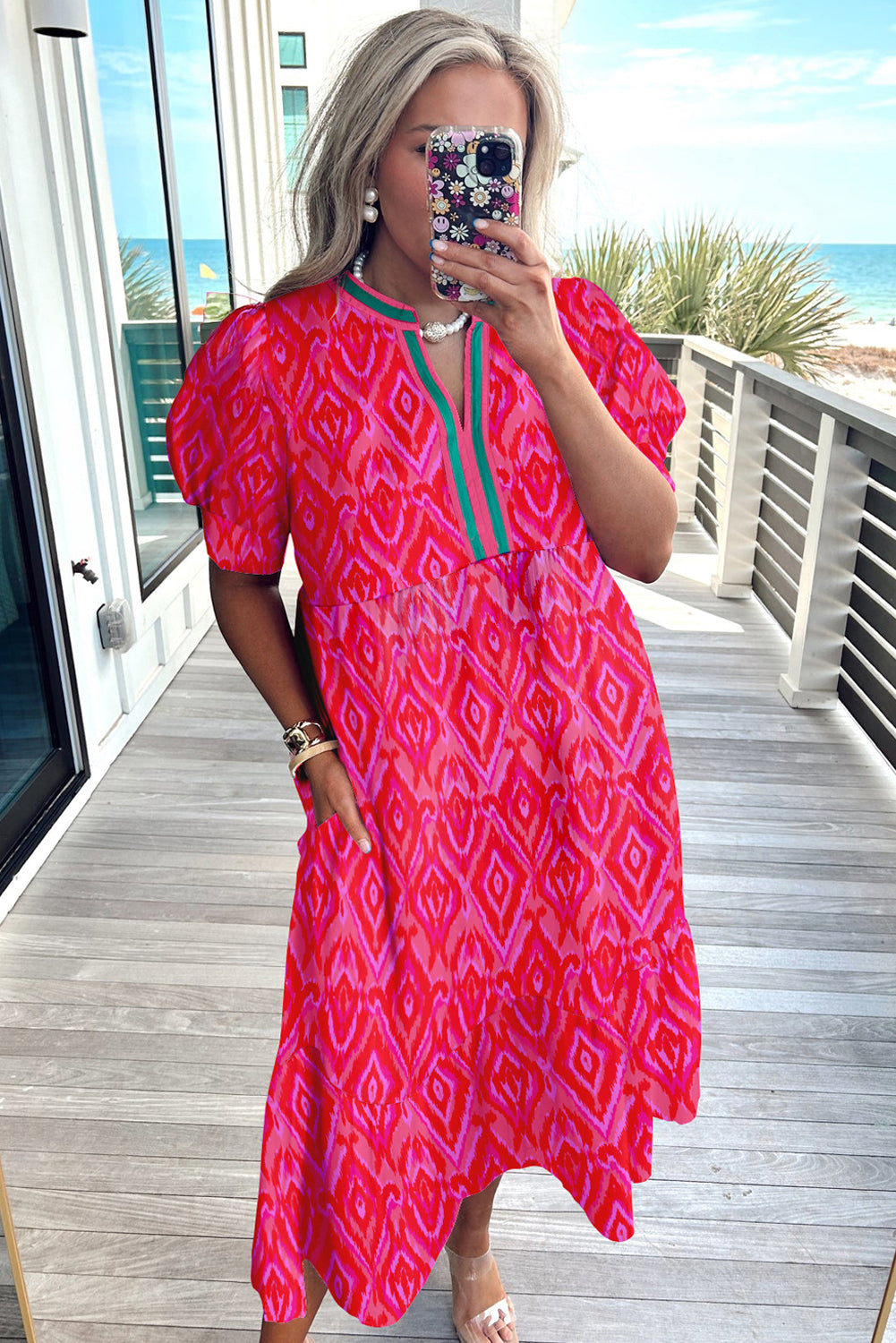 White Allover Floral Print Pop of Color Neckline Puff Sleeve Plus Size Dress