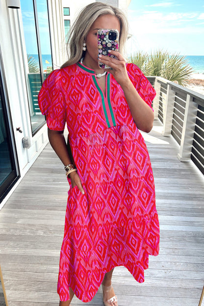 White Allover Floral Print Pop of Color Neckline Puff Sleeve Plus Size Dress