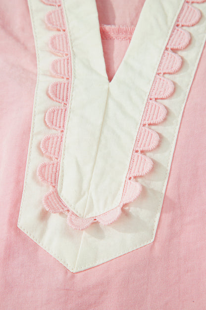 Canton Scallop Color Block Trim Puff Sleeve Mini Dress