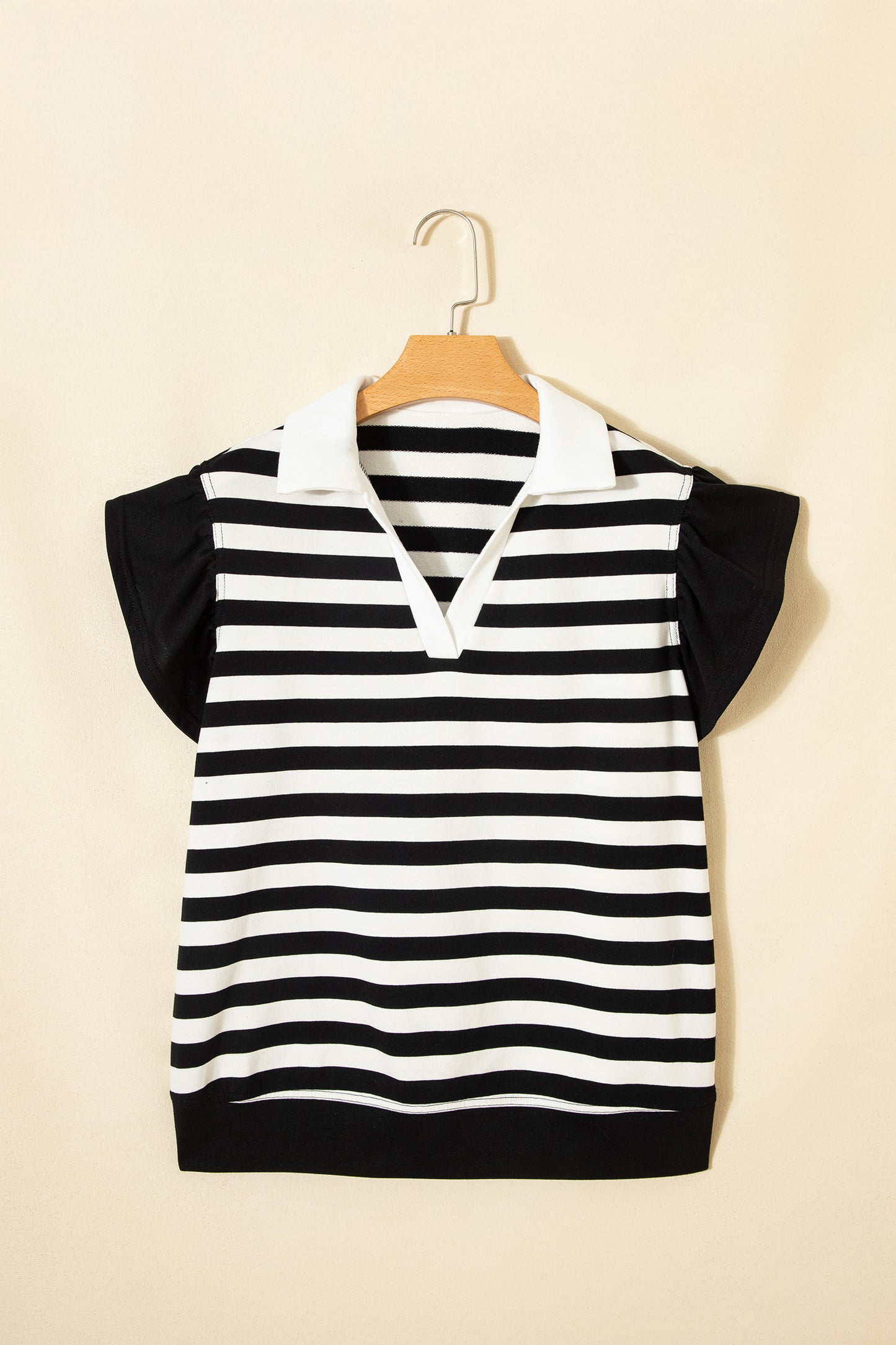 Pink Stripe Collar V Neck Ruffled Short Sleeve Blouse