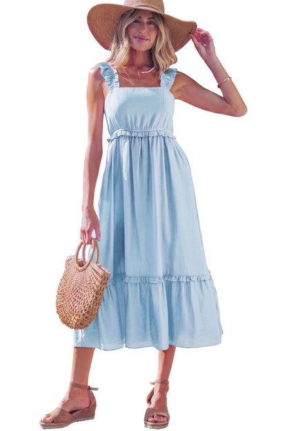 Bonbon Solid Color Ruffle Trim High Waist Sleeveless Maxi Dress