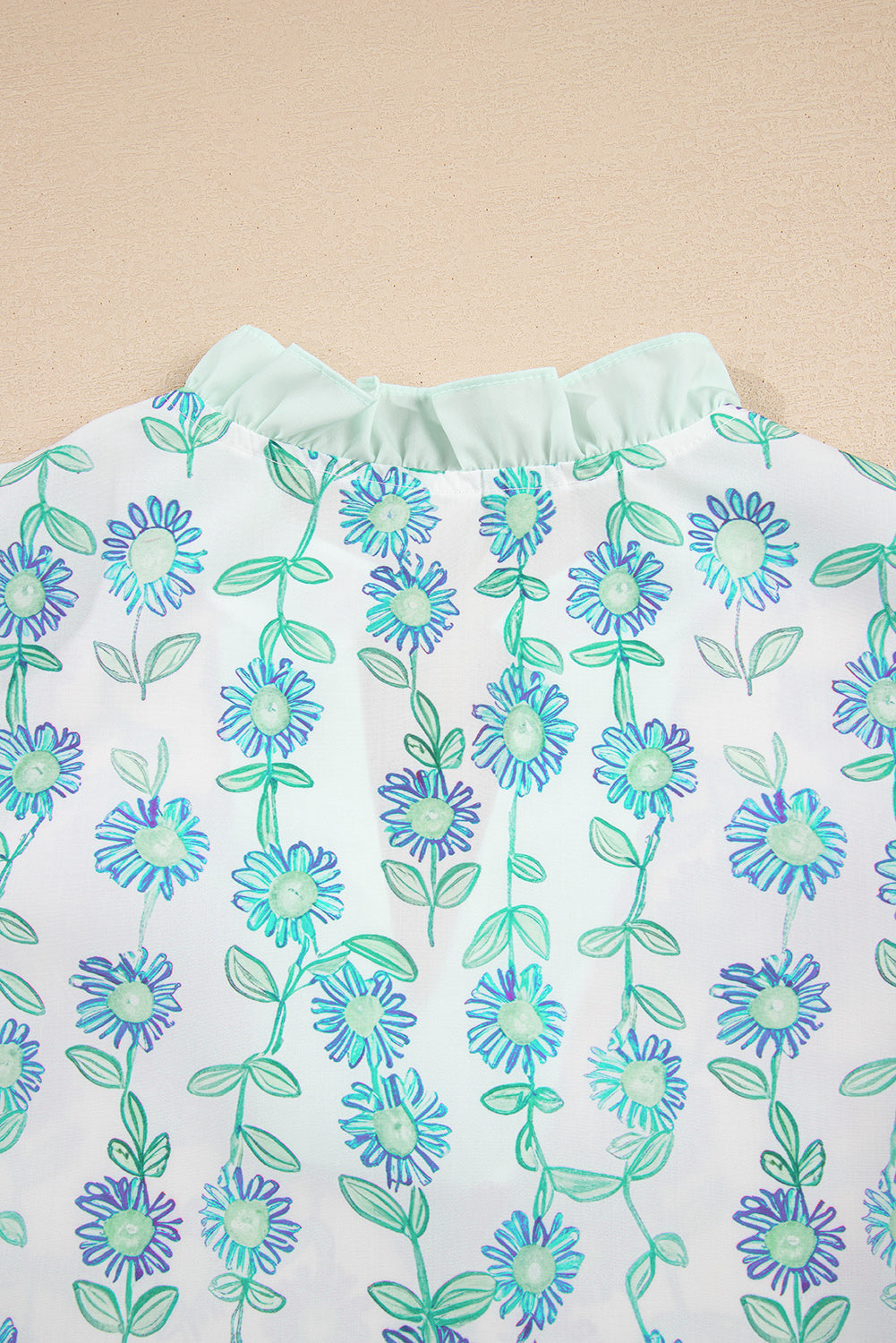 Green Floral Print Striped Trim Contrast V Neck Patchwork Boho Blouse