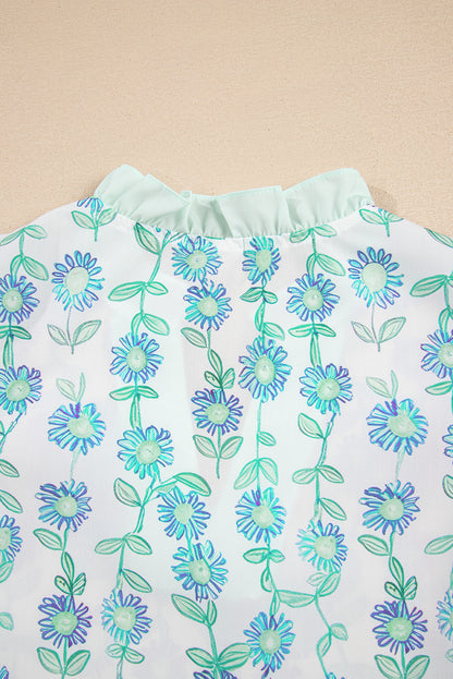 Green Floral Print Striped Trim Contrast V Neck Patchwork Boho Blouse