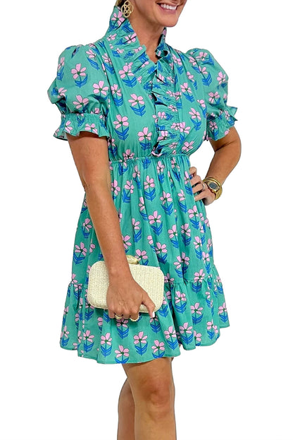 Green Floral Print Frilly Smocked High Waist Mini Dress