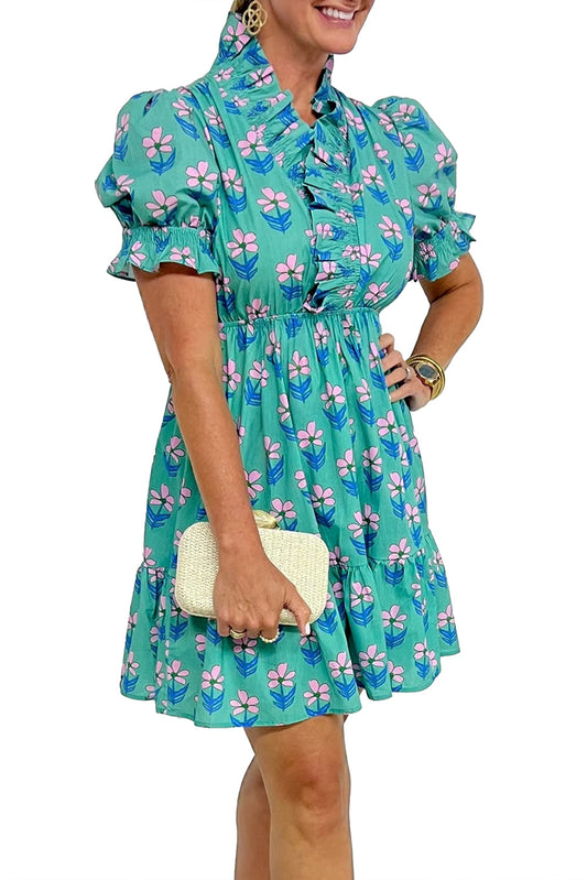 Green Floral Print Frilly Smocked High Waist Mini Dress