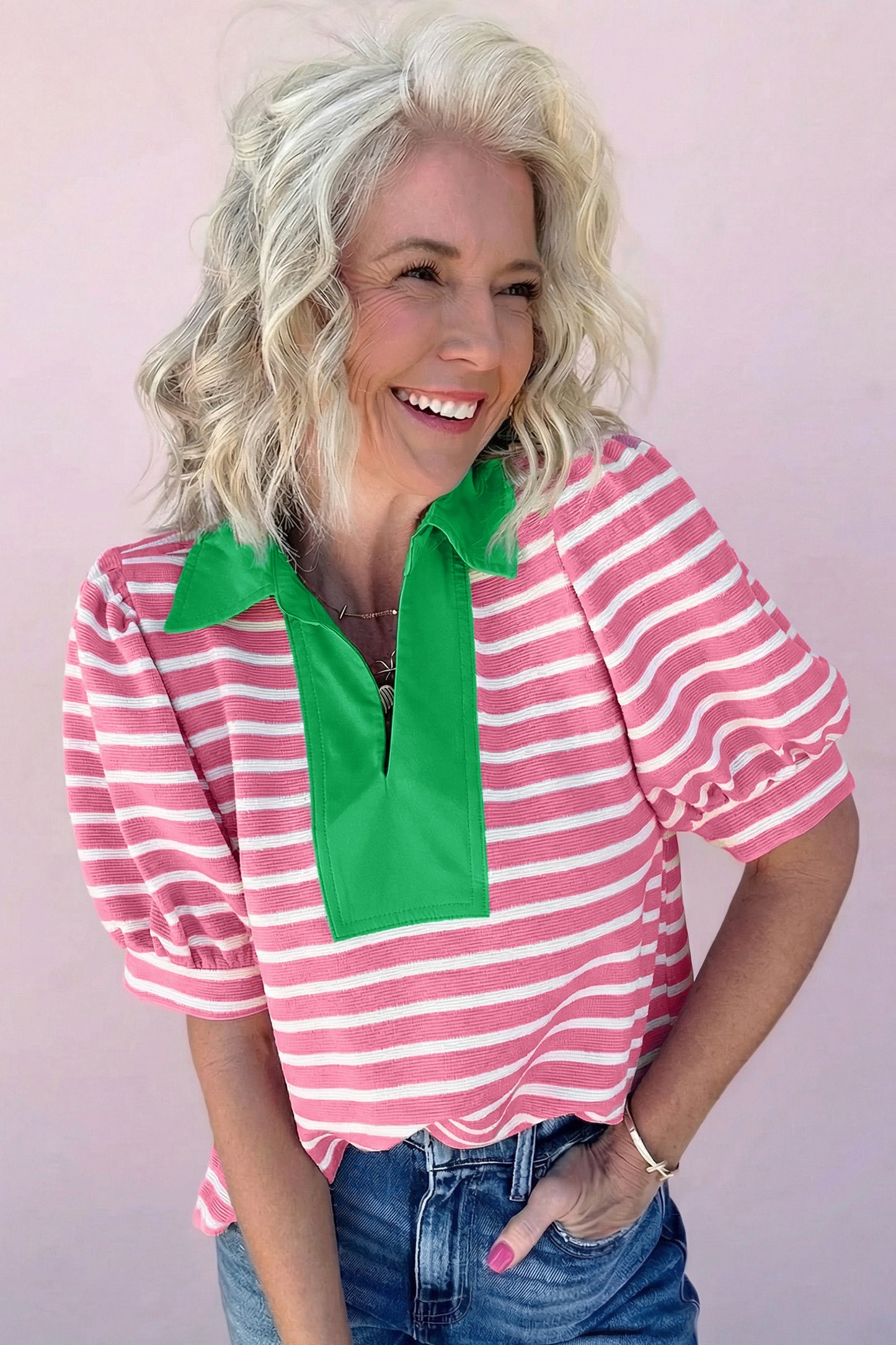 Black Stripe Short Puff Sleeve Color Block Polo Collar Blouse