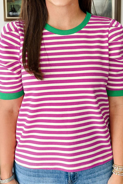 Rose Stripe Short Puff Sleeve Contrast Trim Round Neck Tee