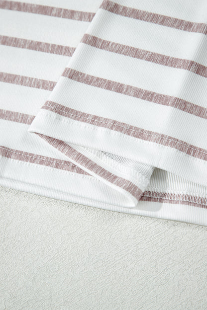 Khaki Stripe Color Block Trim Round Neck Short Sleeve Top