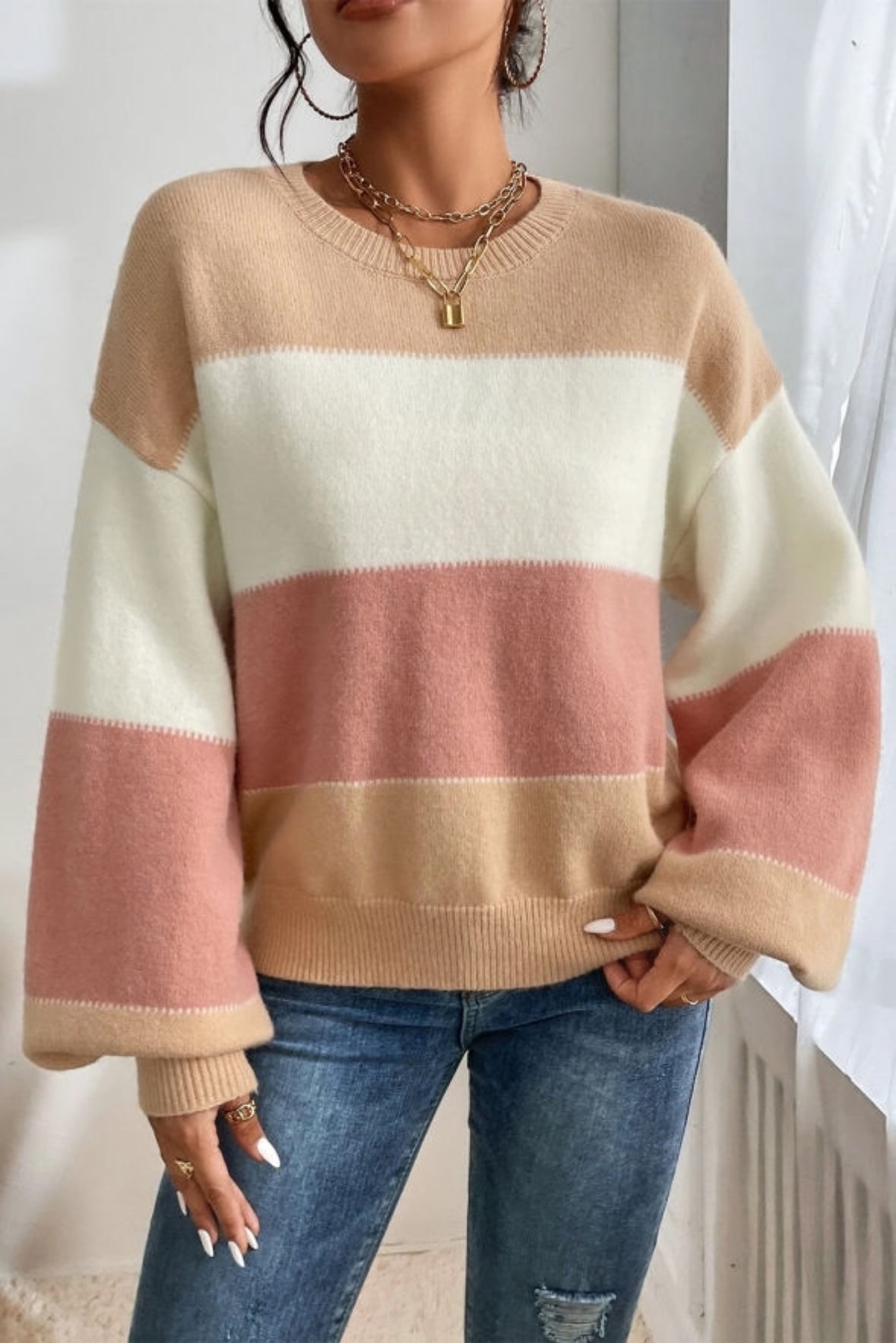 Colorblock Lantern Sleeve Sweater