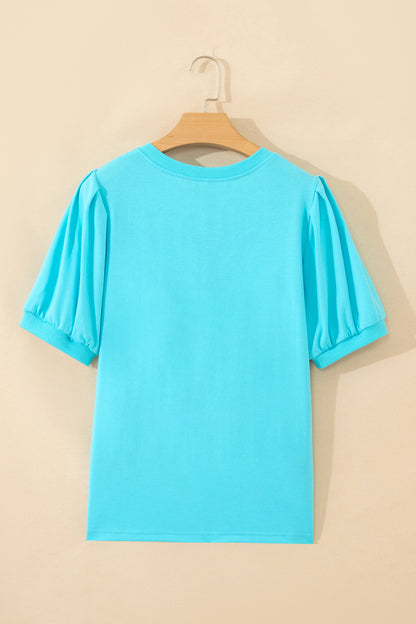 Yellow Solid Color V Neck Short Puff Sleeve Blouse