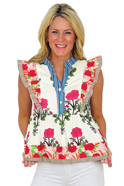 Pink Floral Print Striped Patchwork Flutter Sleeve Blouse