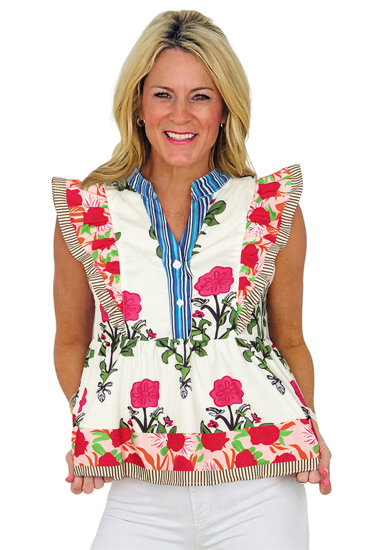 Pink Floral Print Striped Patchwork Flutter Sleeve Blouse