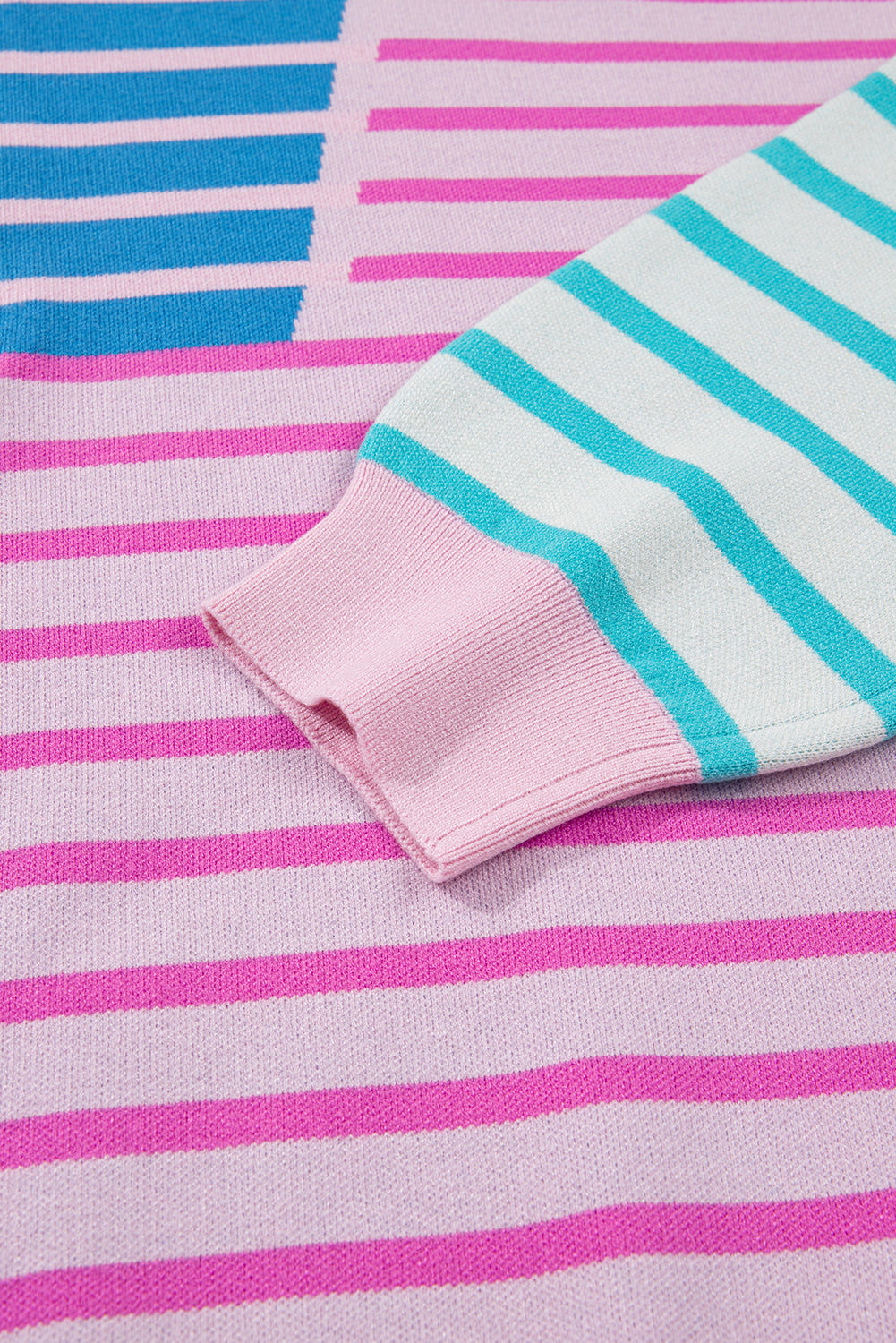 Sky Blue Stripe Colorblock Patchwork Plus Size Zip Collar Sweater