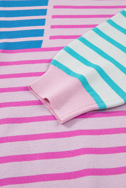 Sky Blue Stripe Colorblock Patchwork Plus Size Zip Collar Sweater