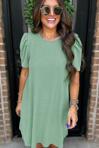 Parchment Corded Crew Neck Puff Sleeve Mini Dress