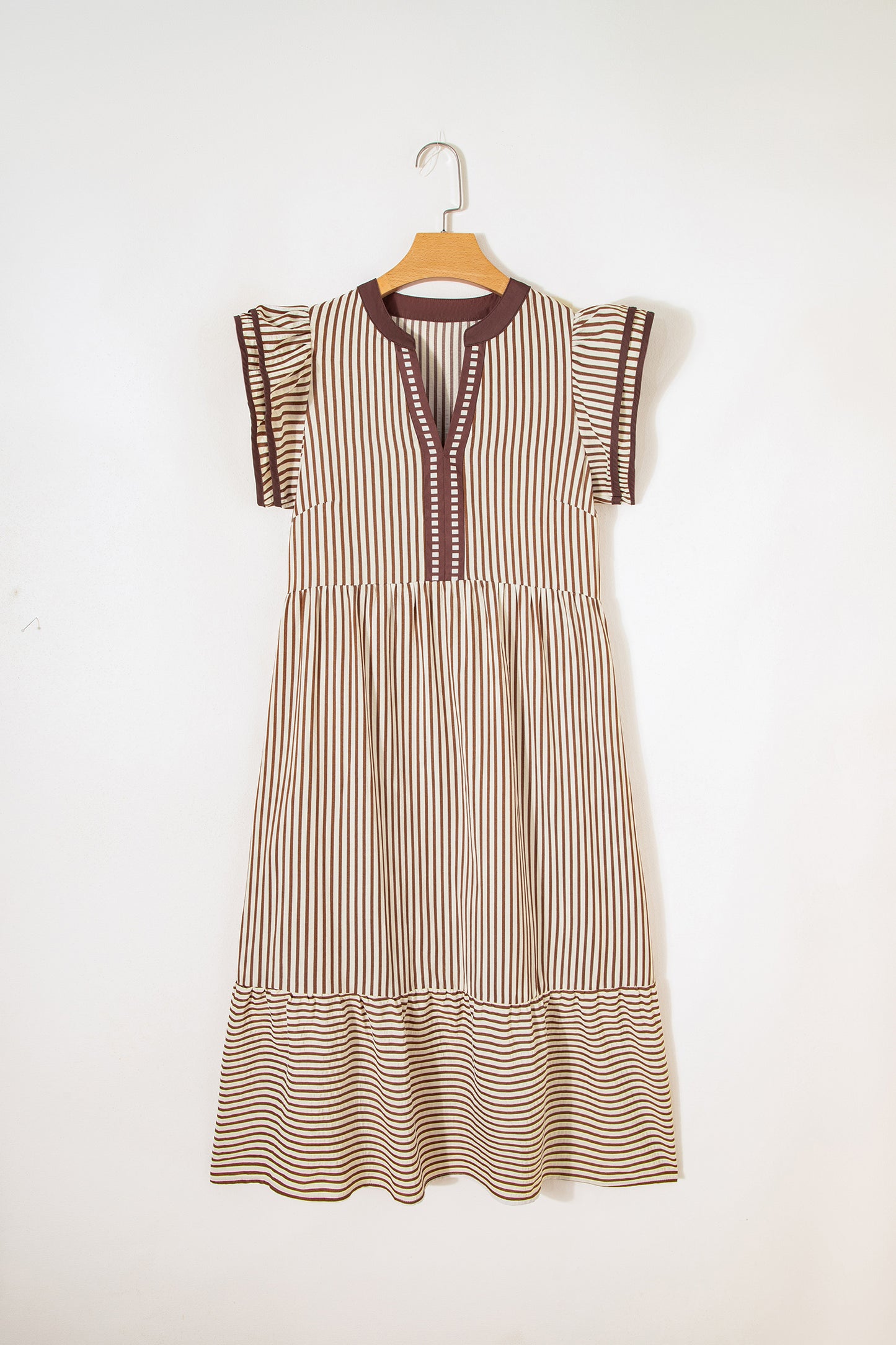 Black Stripe Double Ruffled Short Sleeve Contrast Trim V Neck Midi Dress