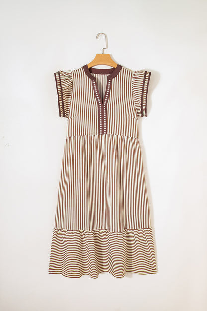 Black Stripe Double Ruffled Short Sleeve Contrast Trim V Neck Midi Dress