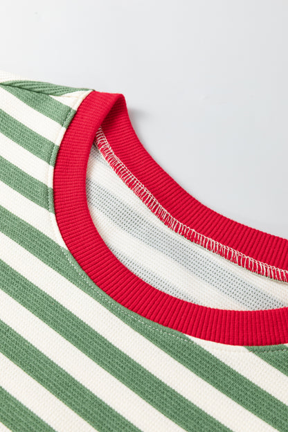 Rose Stripe Short Puff Sleeve Contrast Trim Round Neck Tee
