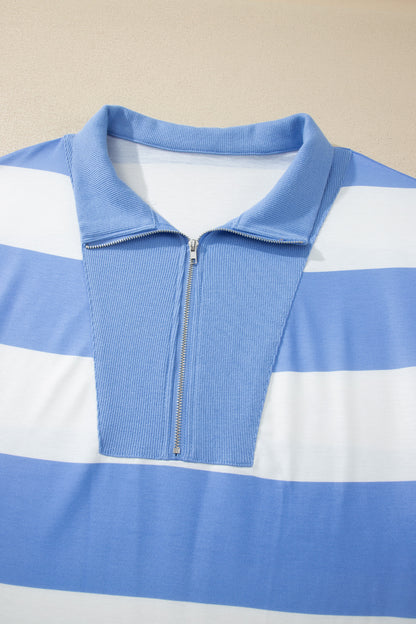 Sky Blue Stripe Drop Shoulder Zipped Collar T Shirt Plus Size Shorts Set