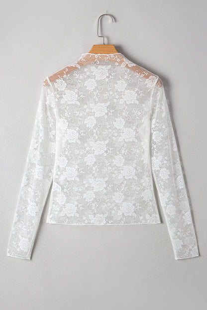 Black Mock Neck Floral Lace Mesh Long Sleeve Top