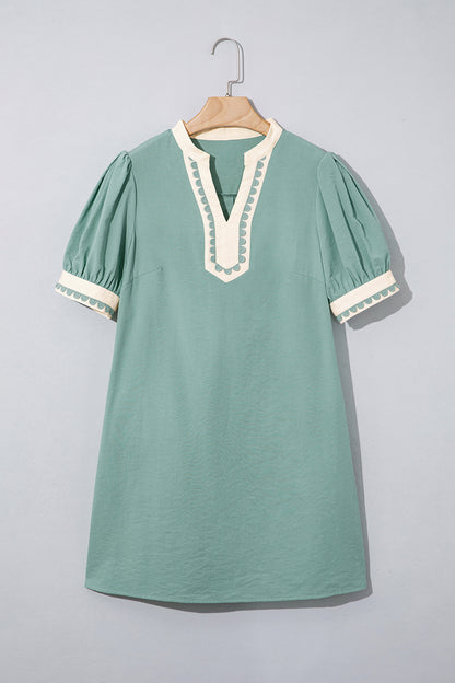 Canton Scallop Color Block Trim Puff Sleeve Mini Dress