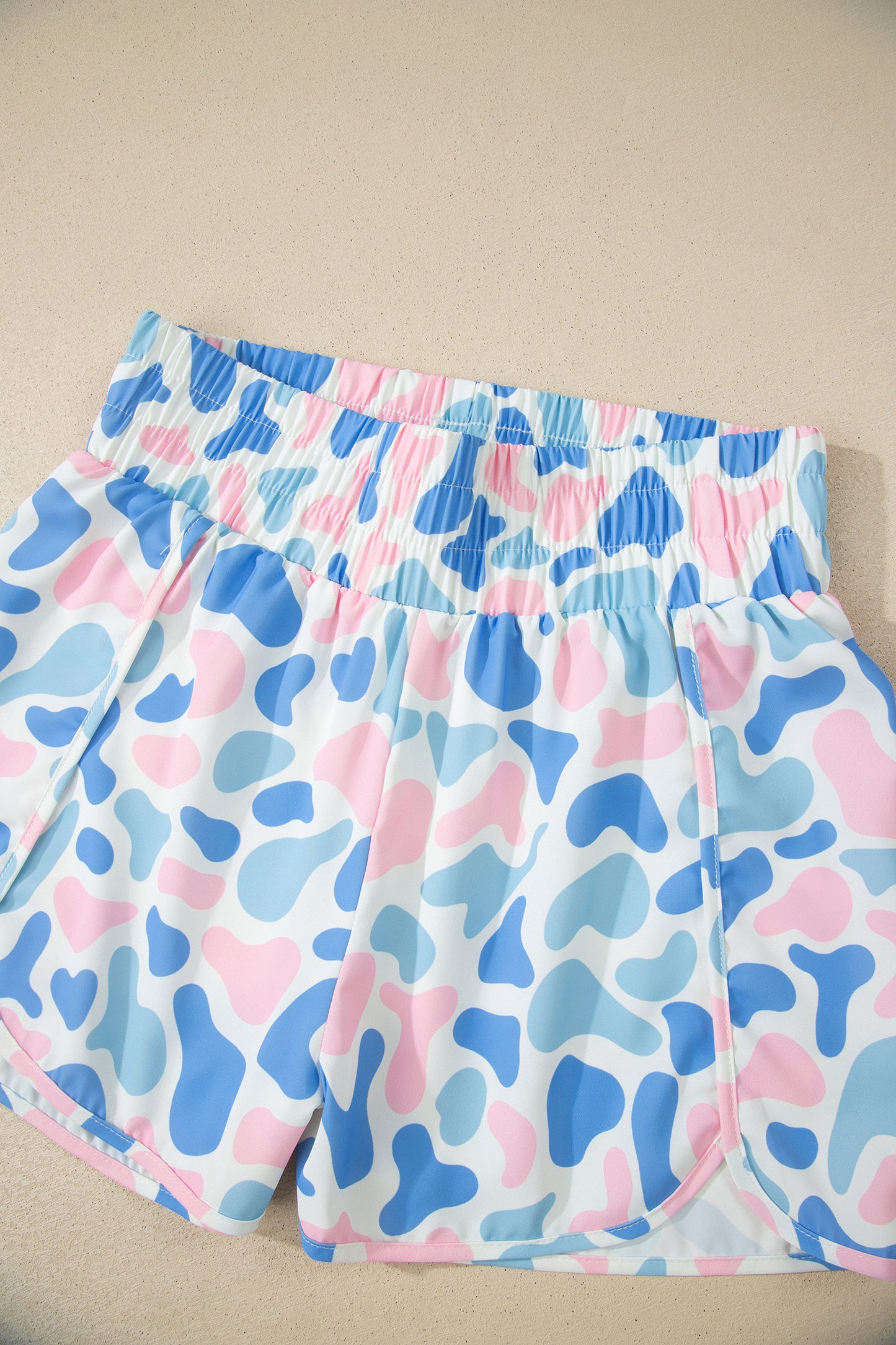 Green Camouflage Print Shirred High Waist Athleisure Shorts