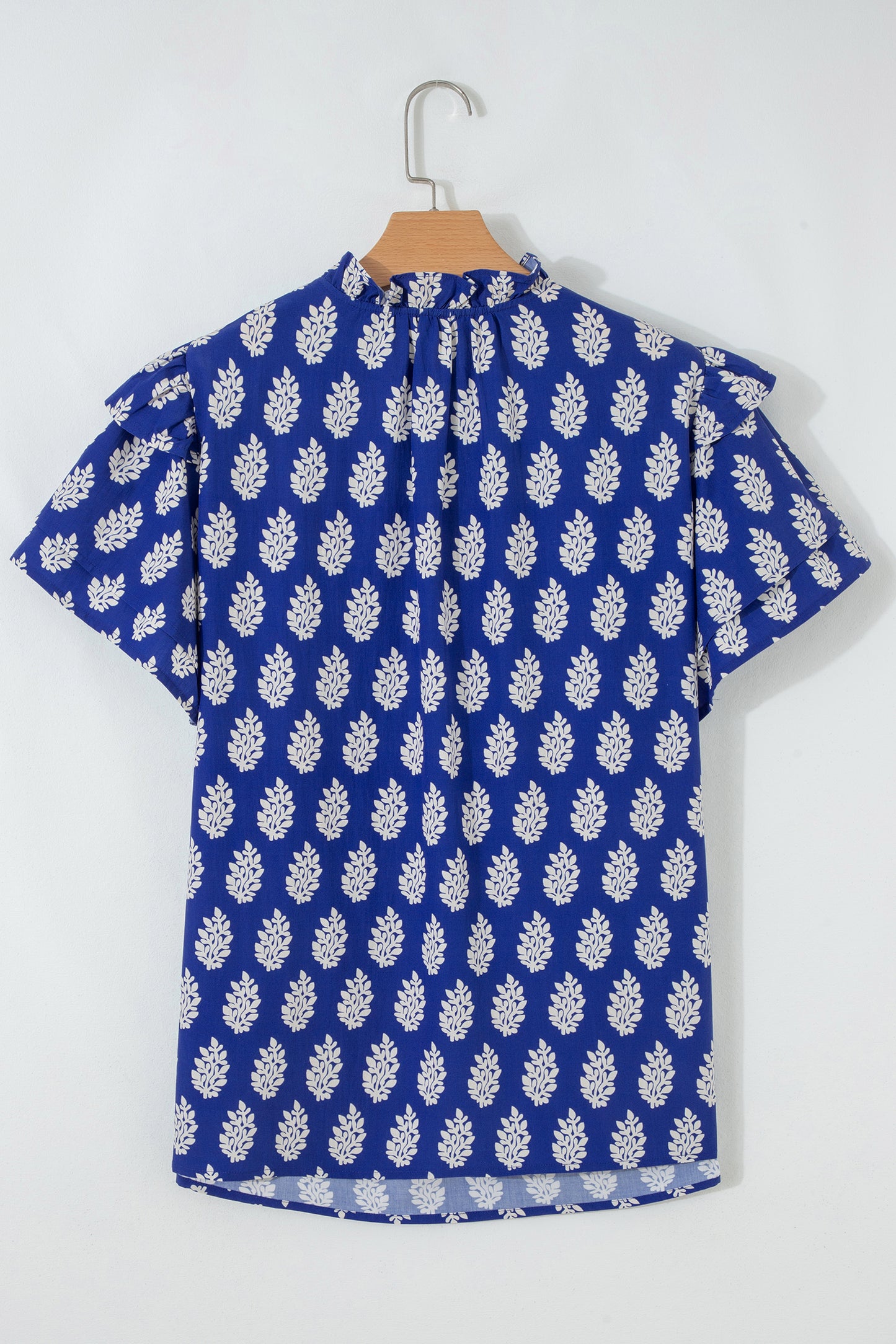 Blue Plus Size Botanical Print Tie V Neck Ruffle Short Sleeve Blouse