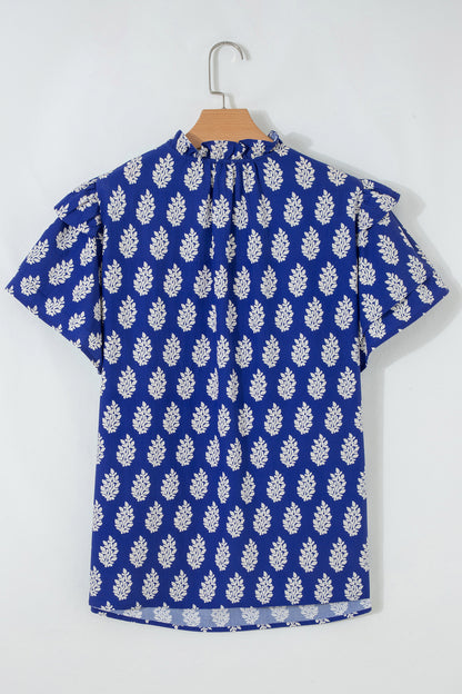 Blue Plus Size Botanical Print Tie V Neck Ruffle Short Sleeve Blouse