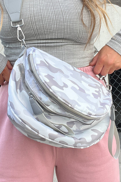 White Camouflage Print Double Zipper Crossbody Bag