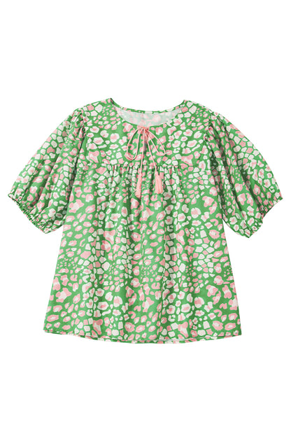 Green Plus Size Leopard Tassel Tie Split Neck Puff Sleeve Blouse