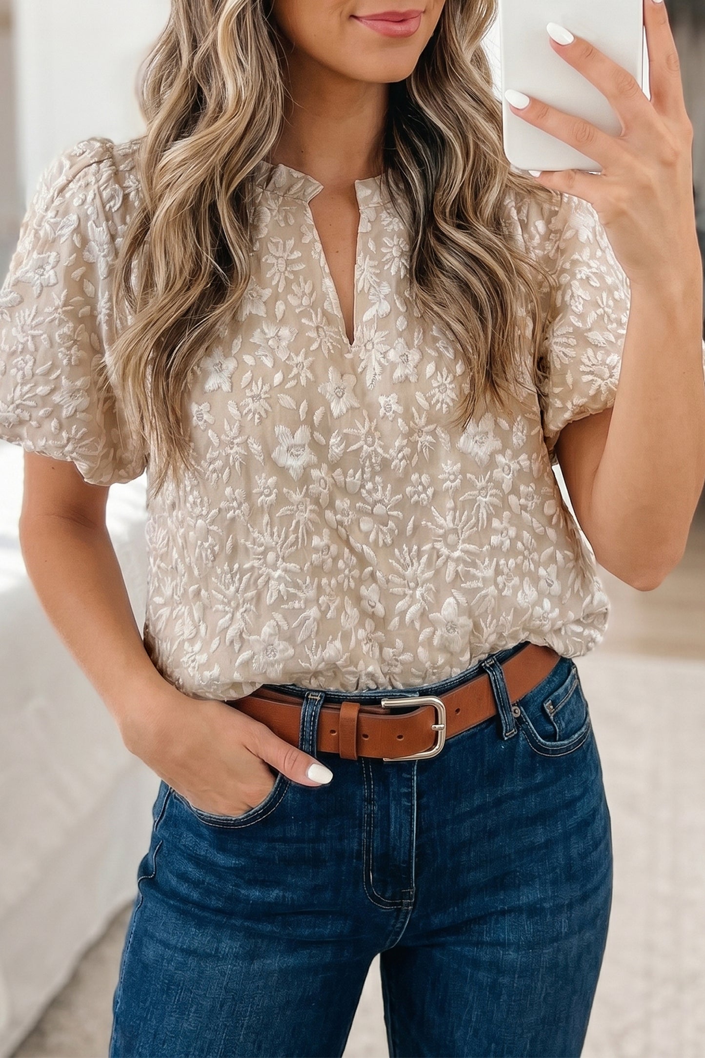 Apricot Pink Floral Textured Jacquard Puff Sleeve Blouse