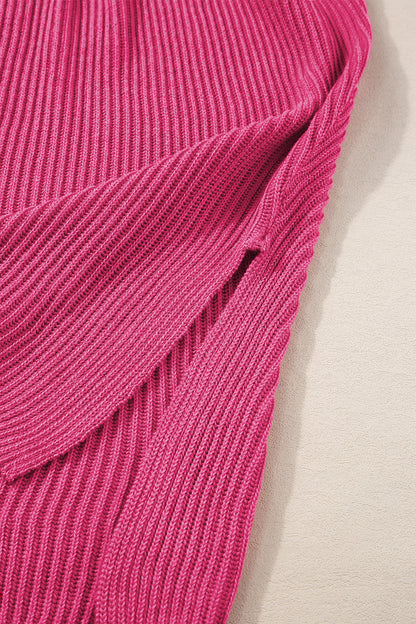 Rose Red Side Slit Short Sleeve Oversized Sweater