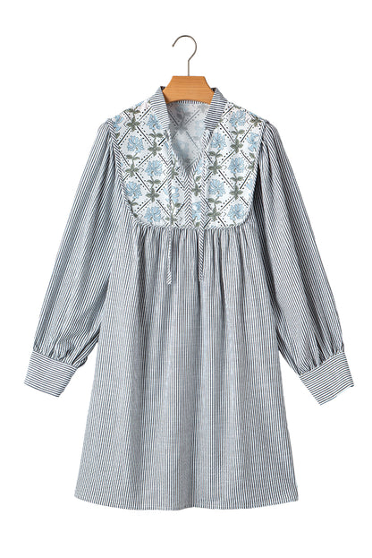 Black Stripe Floral Patchwork Long Sleeve Tie V Neck Mini Dress