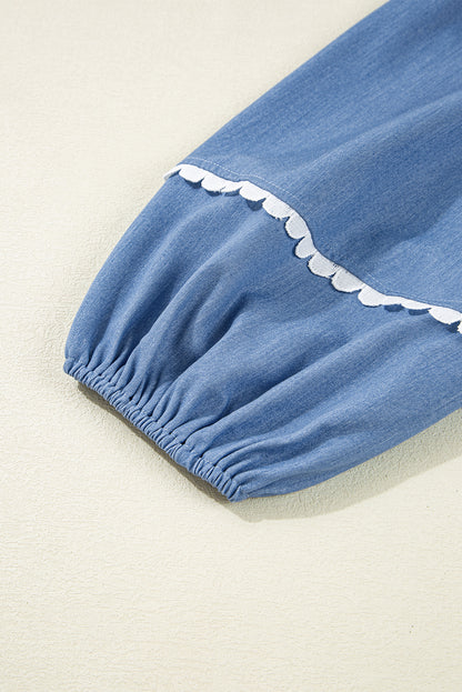 Dusk Blue Scallop Trim Puff Sleeve Collared Babydoll Blouse