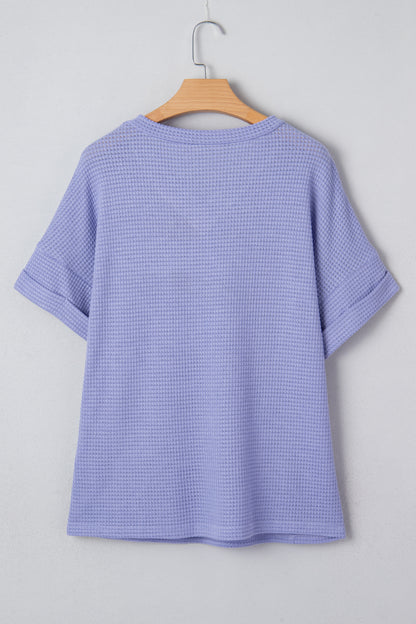 Strawberry Pink Waffle V Neck Short Sleeve Knit Top