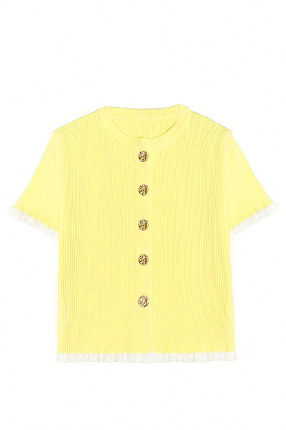Yellow Cream Ribbed Knit Contrast Frilled Short Sleeve Sweater Cardigan