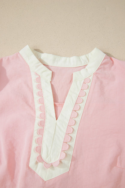 Canton Scallop Color Block Trim Puff Sleeve Mini Dress