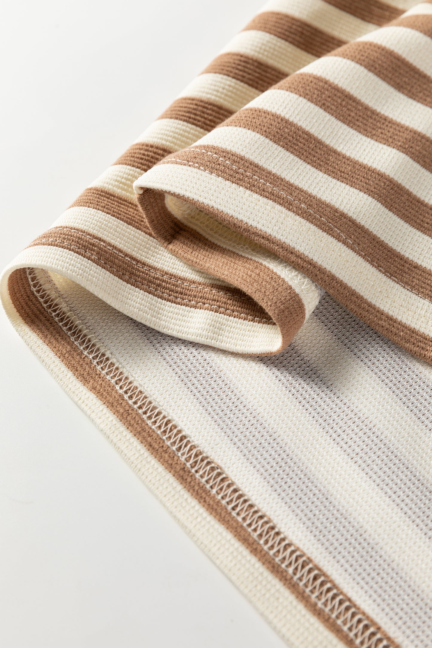 Rose Stripe Short Puff Sleeve Contrast Trim Round Neck Tee