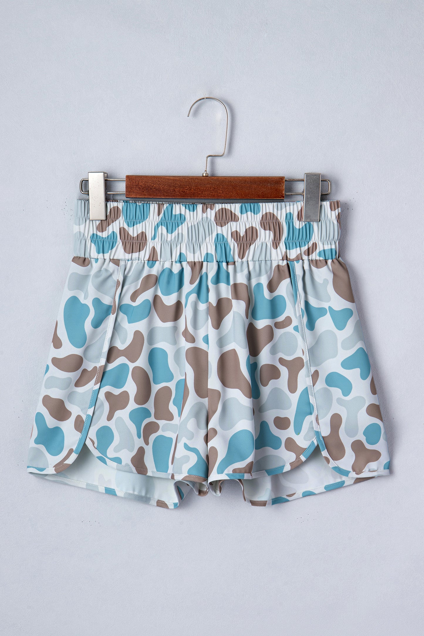 Green Camouflage Print Shirred High Waist Athleisure Shorts