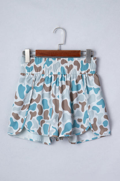 Green Camouflage Print Shirred High Waist Athleisure Shorts