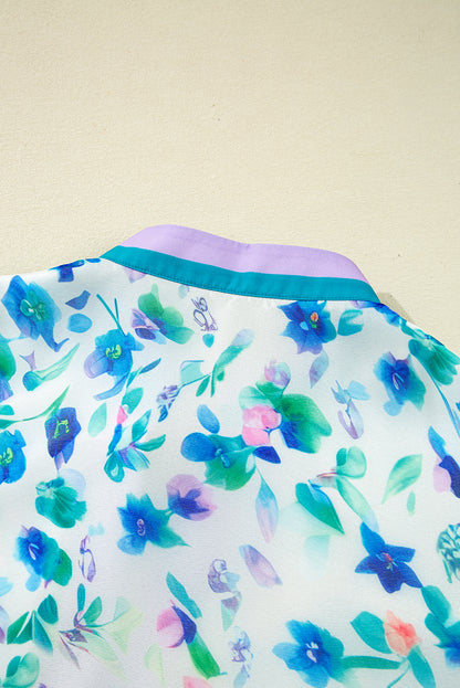 Green Floral Print Pop of Color Split Neck Puff Sleeve Plus Size Blouse