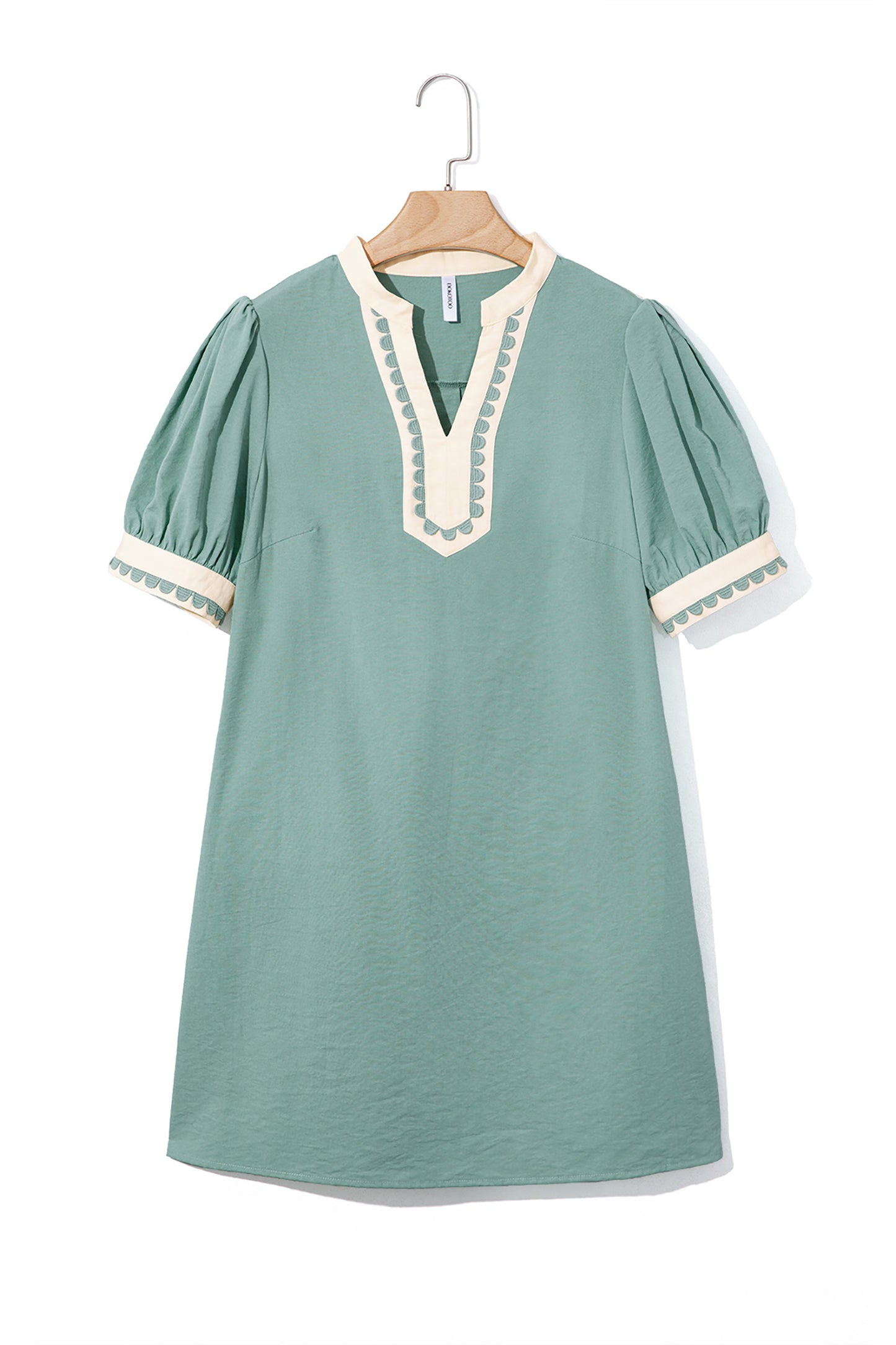 Canton Scallop Color Block Trim Puff Sleeve Mini Dress