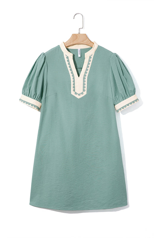 Canton Scallop Color Block Trim Puff Sleeve Mini Dress