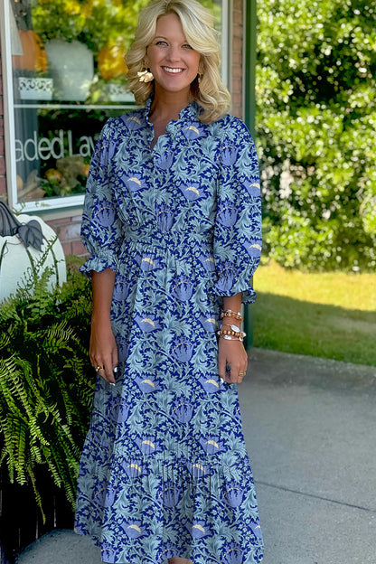 Brown Floral Printed Frilled V Neck Bracelet Sleeve Long Dress