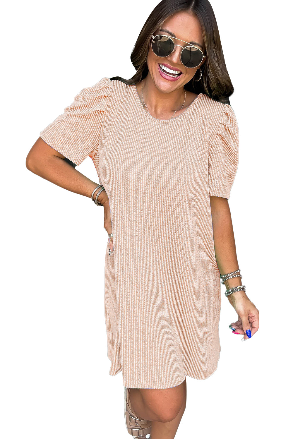 Parchment Corded Crew Neck Puff Sleeve Mini Dress