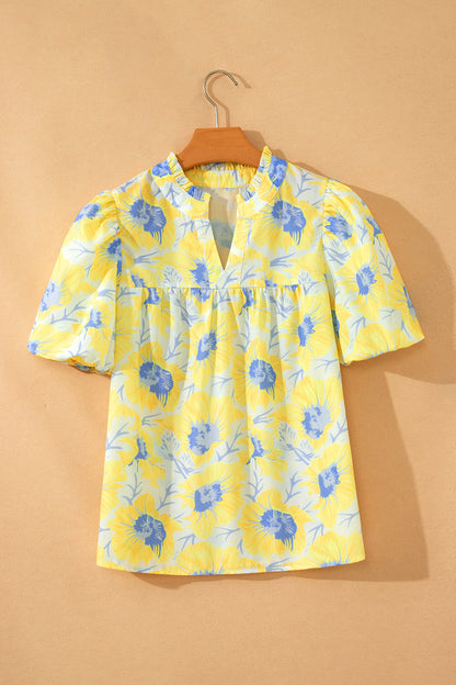 Green Short Bubble Sleeve Summer Floral Blouse